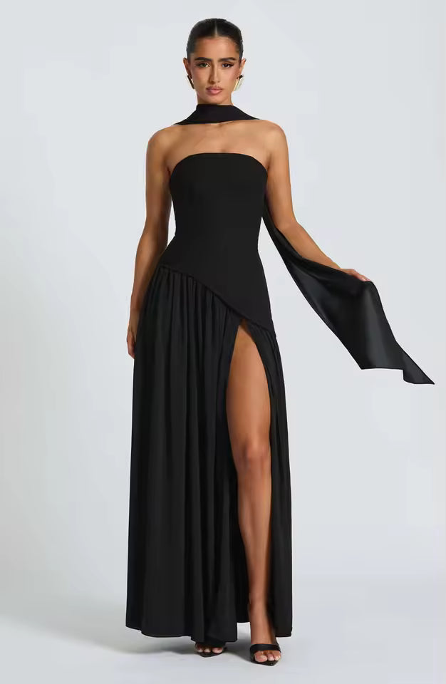 New Dresses 2025 Woman Fashion Summer Sheath Solid Color Split Dress Sexy Backless High Split Skirt