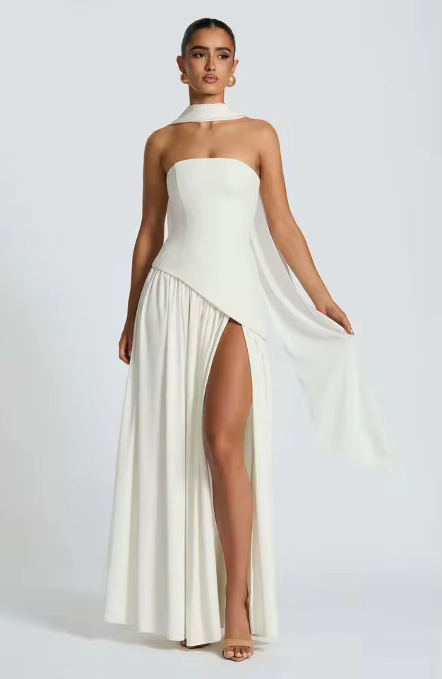 New Dresses 2025 Woman Fashion Summer Sheath Solid Color Split Dress Sexy Backless High Split Skirt