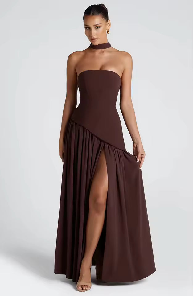 New Dresses 2025 Woman Fashion Summer Sheath Solid Color Split Dress Sexy Backless High Split Skirt