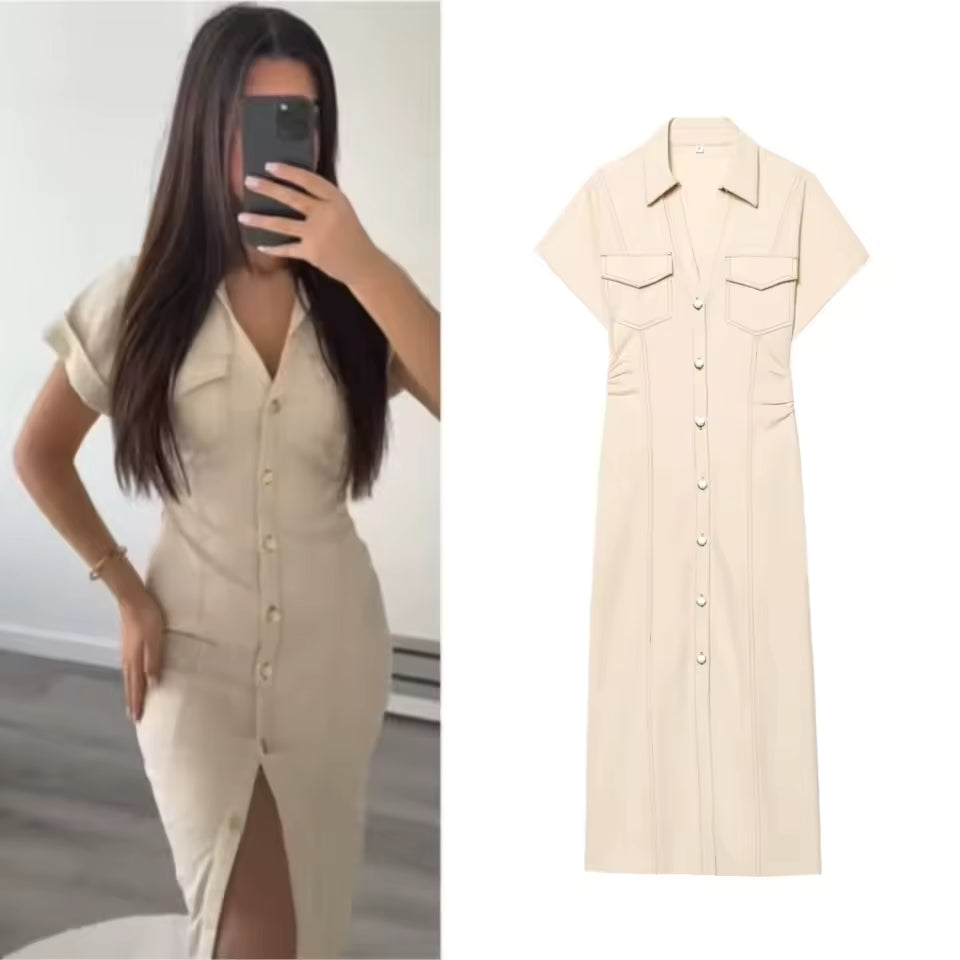 2025 summer new women's elegant fashion waist pleated V-neck short-sleeved temperament denim MIDI dress