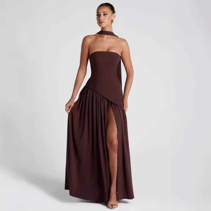 New Dresses 2025 Woman Fashion Summer Sheath Solid Color Split Dress Sexy Backless High Split Skirt