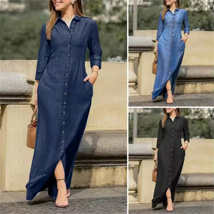 New Cross-Border Long Dress Shirt Collar-Pocket Big Skirt Plus Size Casual Denim Dress