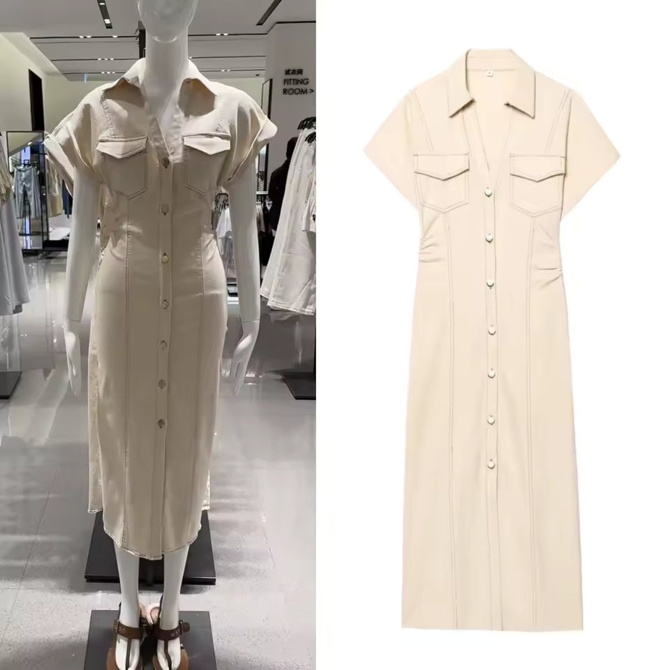 2025 summer new women's elegant fashion waist pleated V-neck short-sleeved temperament denim MIDI dress