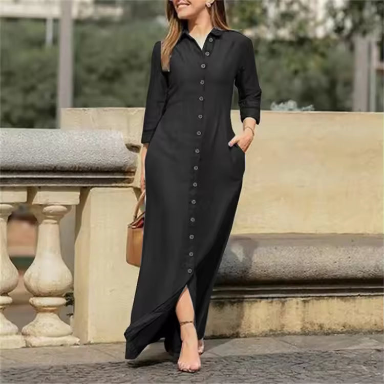New Cross-Border Long Dress Shirt Collar-Pocket Big Skirt Plus Size Casual Denim Dress