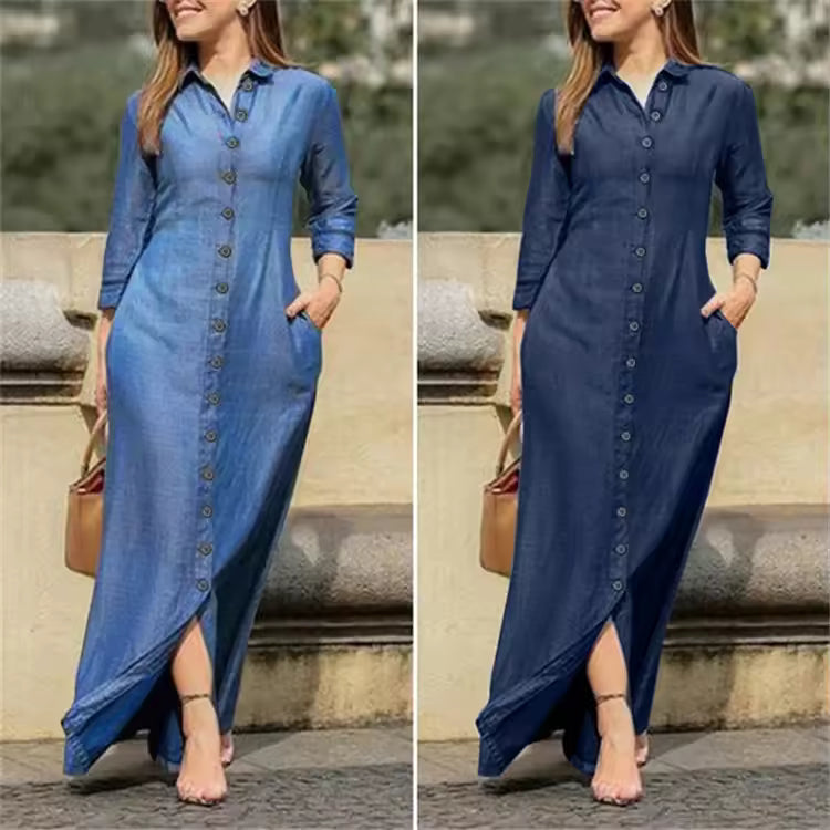 New Cross-Border Long Dress Shirt Collar-Pocket Big Skirt Plus Size Casual Denim Dress