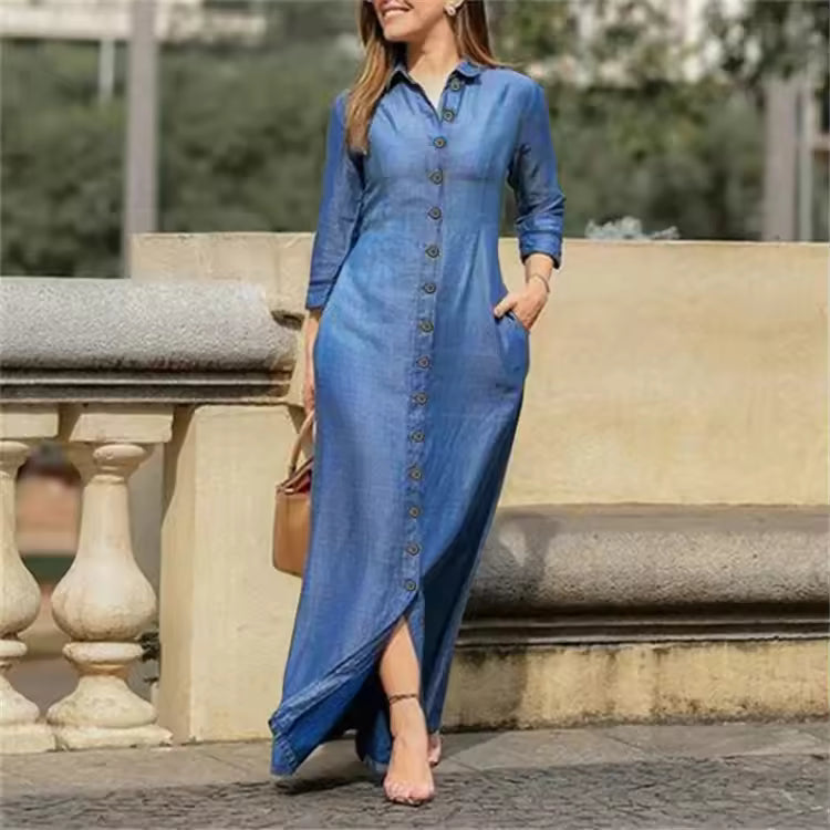 New Cross-Border Long Dress Shirt Collar-Pocket Big Skirt Plus Size Casual Denim Dress
