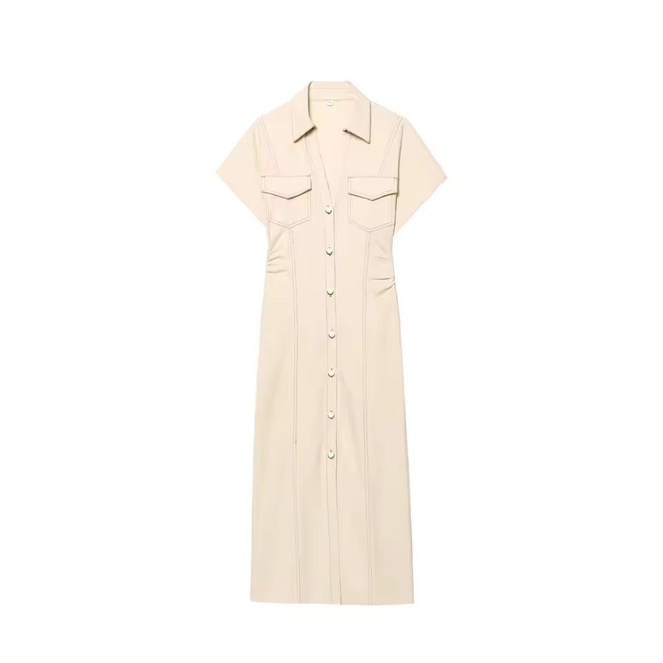 2025 summer new women's elegant fashion waist pleated V-neck short-sleeved temperament denim MIDI dress