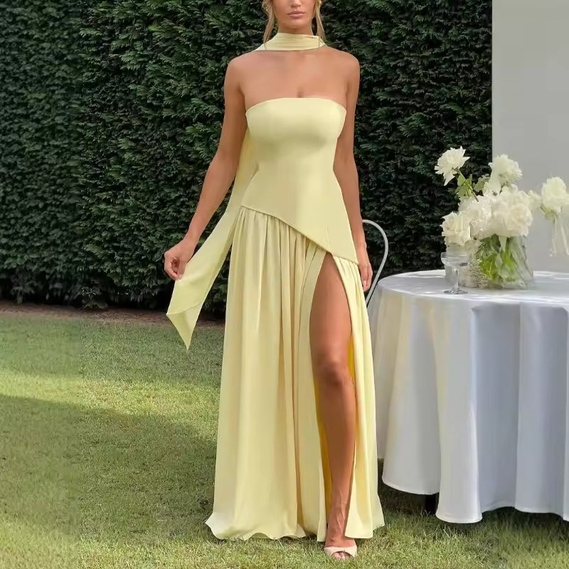 New Dresses 2025 Woman Fashion Summer Sheath Solid Color Split Dress Sexy Backless High Split Skirt