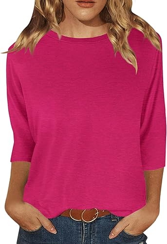 Womens Summer Tops 3/4 Sleeve Round Neck Tshirts Cute Tunic Loose Fit Pullover Blouses & Basic Tees
