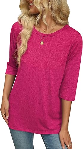 Womens Summer Tops 3/4 Sleeve Round Neck Tshirts Cute Tunic Loose Fit Pullover Blouses & Basic Tees