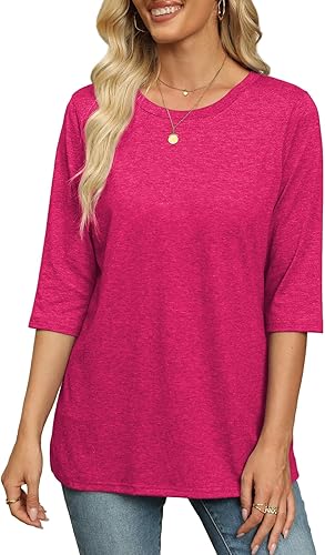 Womens Summer Tops 3/4 Sleeve Round Neck Tshirts Cute Tunic Loose Fit Pullover Blouses & Basic Tees