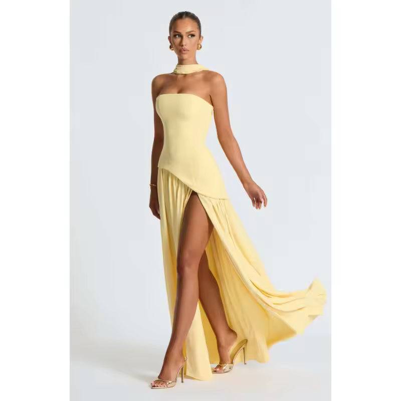 New Dresses 2025 Woman Fashion Summer Sheath Solid Color Split Dress Sexy Backless High Split Skirt