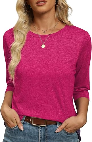 Womens Summer Tops 3/4 Sleeve Round Neck Tshirts Cute Tunic Loose Fit Pullover Blouses & Basic Tees