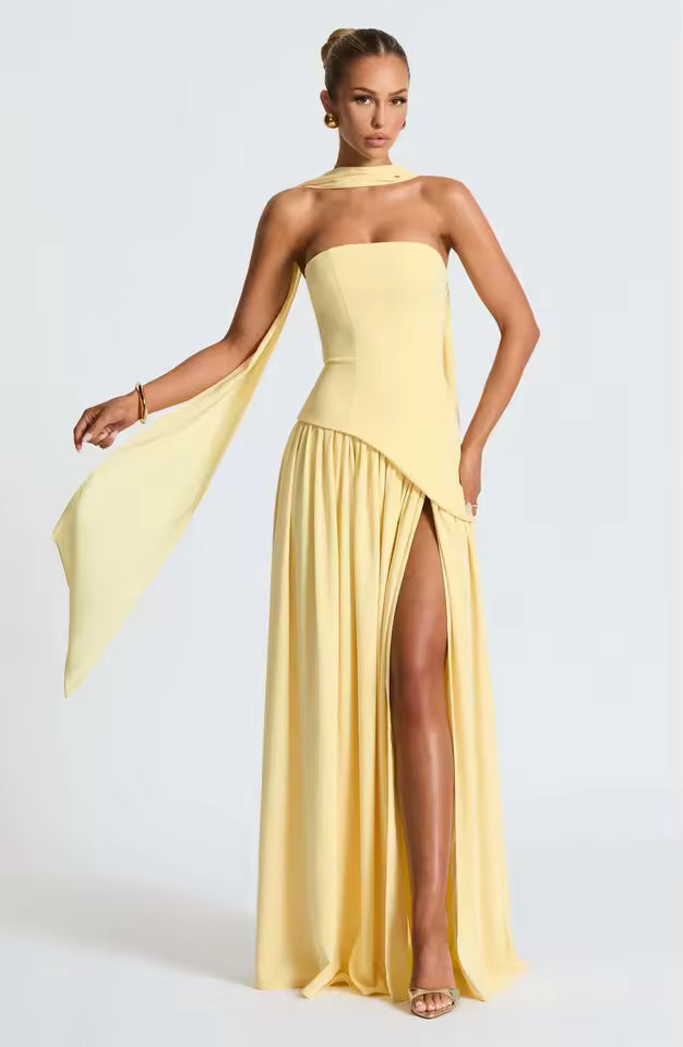 New Dresses 2025 Woman Fashion Summer Sheath Solid Color Split Dress Sexy Backless High Split Skirt