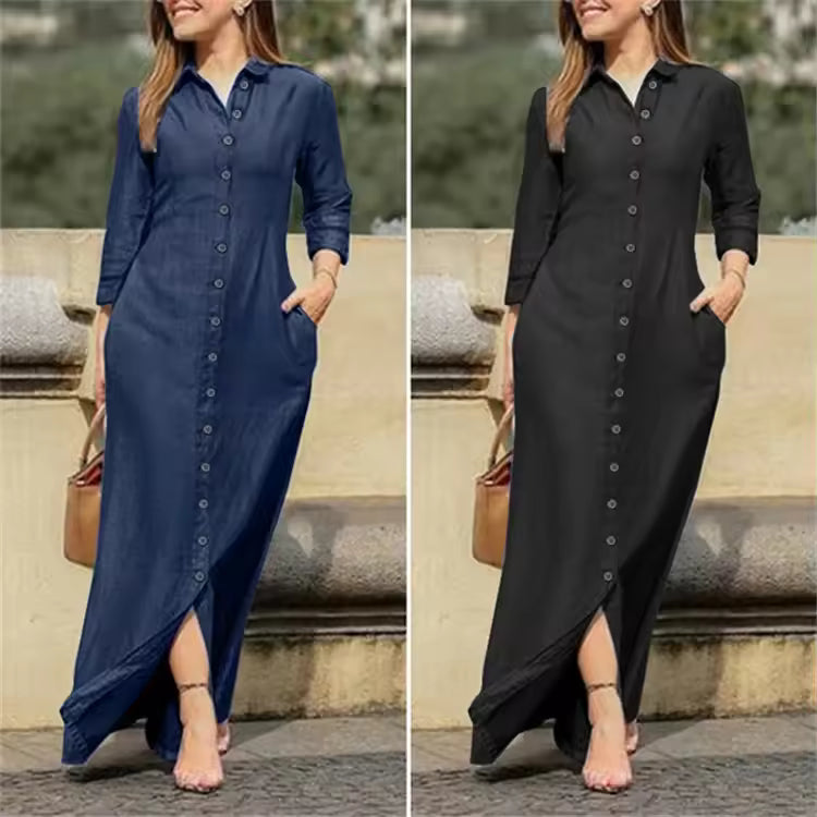 New Cross-Border Long Dress Shirt Collar-Pocket Big Skirt Plus Size Casual Denim Dress