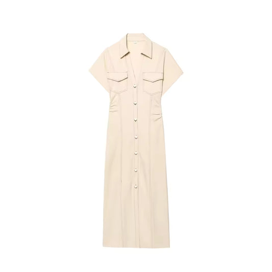 2025 summer new  women's elegant fashion waist pleated V-neck short-sleeved temperament denim MIDI dress