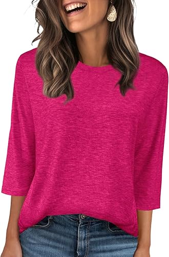 Womens Summer Tops 3/4 Sleeve Round Neck Tshirts Cute Tunic Loose Fit Pullover Blouses & Basic Tees