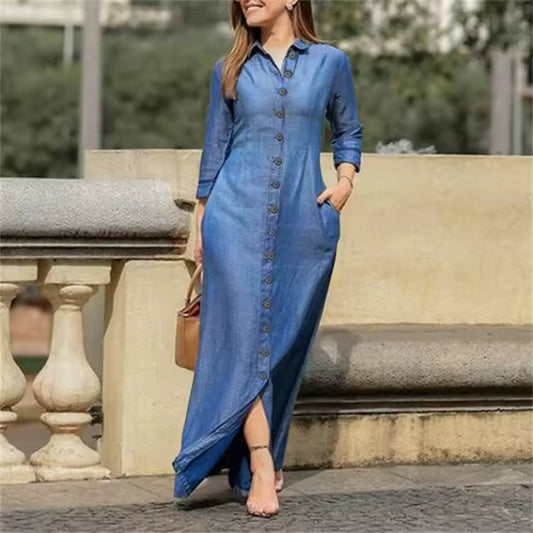 New Cross-Border Long Dress Shirt Collar-Pocket Big Skirt Plus Size Casual Denim Dress